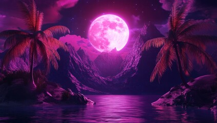 Wall Mural - pink moonlit tropical beach scene with palm trees and mountains.