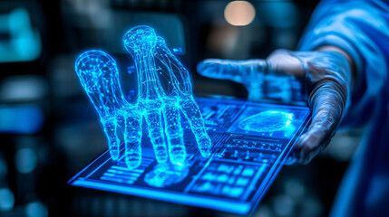 Poster - Person holding a tablet with a blue wire connected to it in a modern indoor setting