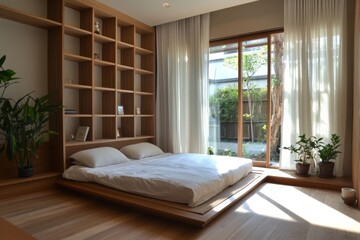 Wall Mural - Serene Minimalist Bedroom With Wooden Platform Bed