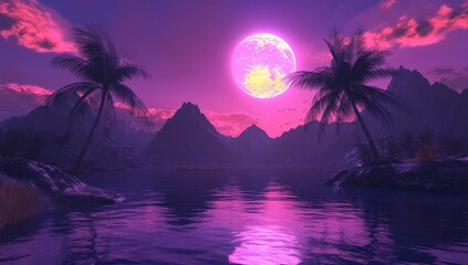 Canvas Print - Pink moonrise over tropical island, mountains, and calm ocean.