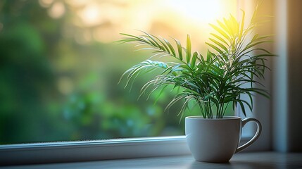 Wall Mural - Sunlight illuminates a small potted plant on a windowsill.