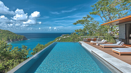Wall Mural - infinity pool overlooking the ocean, a luxury resort, with a wooden deck, blue water, blue sky, turq