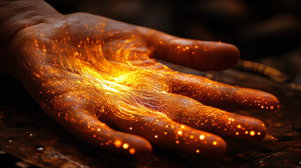 Poster - Persons hand holding a glowing fire with bright flames and warm light in a dark environment