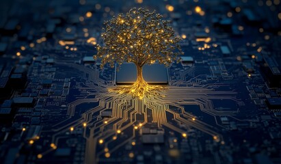 Poster - Golden tree growing from circuit board, representing technology and nature.