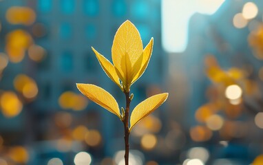 Wall Mural - Vibrant yellow plant sprout in urban setting.