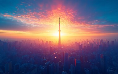 Wall Mural - Tokyo cityscape sunrise with tower silhouette.