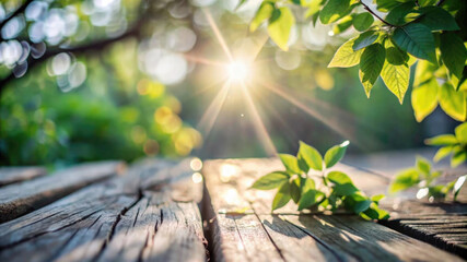 Aufkleber - A defocused outdoor scene with sunlight filtering through the tree foliage and casting a warm glow on a weathered old wooden surface.