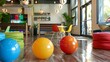 © Galib - Modern office space interior with large colorful balls in the foreground. There are several seating areas, a TV, and plants.