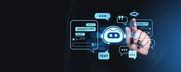 Fototapete - Interactive chatbot interface with futuristic AI elements on dark background.