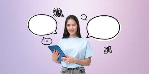 Poster - Woman holding tablet with speech bubbles and doodles on a purple