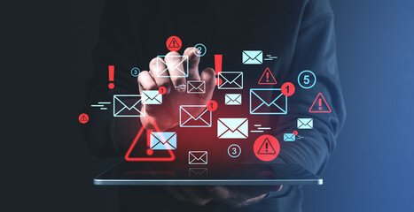 Poster - Notification alerts and email icons hovering over tablet screen.