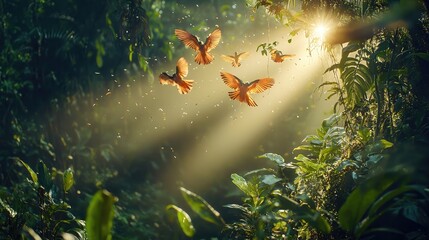 Aufkleber - An enchanting view of the Amazon jungle with minimal light filtering through the dense canopy, creating a dramatic and shadowy atmosphere. Vibrant, colorful birds like Hummingbirds flying about.