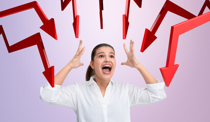 Poster - Woman stressed by falling red arrows indicating financial crises