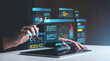 © ImageFlow - User interacting with futuristic data visualization interface on tablet.