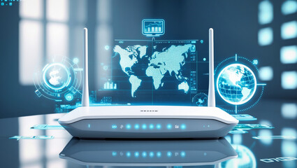 Wall Mural - A sleek, modern white wireless router surrounded by blue holographic elements. High-tech communications concept.