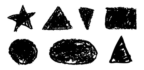 Wall Mural - set of charcoal drawing geometric shapes. handwritten by black color wax pencil circle, star, triang
