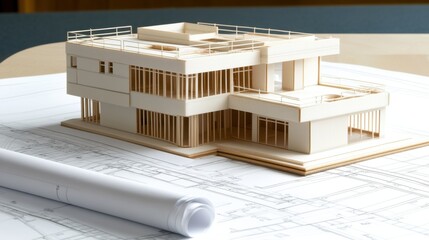 Poster - Architectural model of a modern building design displayed on technical blueprints, showcasing intricate details and craftsmanship, perfect for design inspiration and educational purposes.