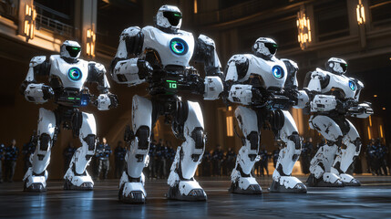 Poster - Group of humanoid robots standing together in a modern room environment with soft lighting