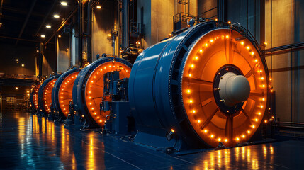 Poster - Large industrial machine with a prominent orange wheel in a manufacturing setting