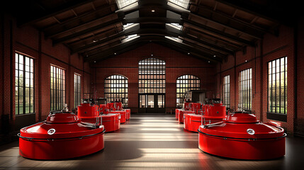 Poster - Room interior featuring a red chair and red table with neutral colored walls and flooring