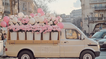 Aufkleber - A pretty white flower truck that has pink flowers along with a few valentine's day balloons. there are white flower buckets in the van with pink and white flowers. It's on the street.