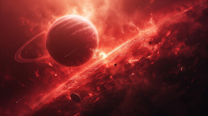 Wall Mural - cosmic landscape with rings around a planet and a glowing sun backdrop. generative ai