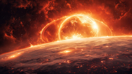 Wall Mural - cosmic landscape with rings around a planet and a glowing sun backdrop. generative ai