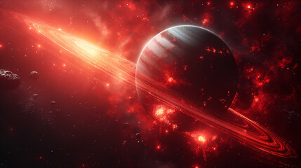 Wall Mural - cosmic landscape with rings around a planet and a glowing sun backdrop. generative ai