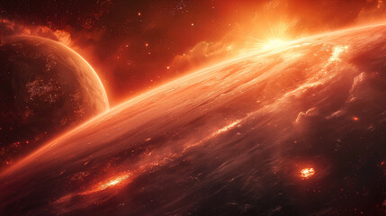 Wall Mural - cosmic landscape with rings around a planet and a glowing sun backdrop. generative ai