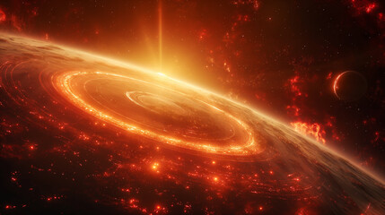 Wall Mural - cosmic landscape with rings around a planet and a glowing sun backdrop. generative ai