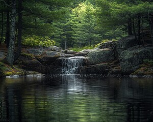 Sticker - Serene waterfall cascading into a tranquil forest pool.