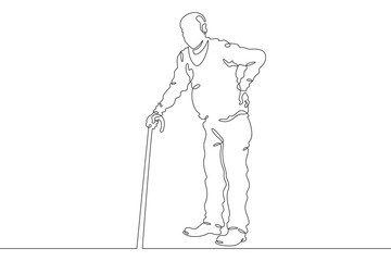 Poster - continuous one line drawing elderly man on a walk. old man with a cane. pensioner. one continuous li
