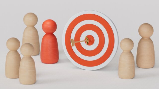 Start-up business plan and strategies. Achievement goal concept. Wooden figures stand around dartboard for creative and set up business objective targets.3D rendering on white background.