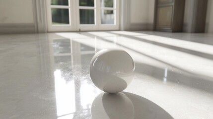 Wall Mural - White sphere on glossy floor reflecting sunlight.