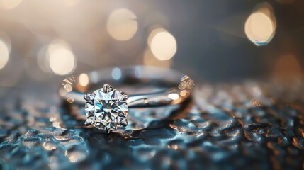 Wall Mural - Close-up of a beautiful diamond ring on a reflective surface. The ring is made of white gold and has a large, round diamond in the center.