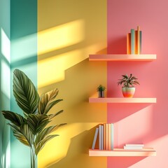 Poster - Pastel wall with shelves, plants, and books, sunlit.