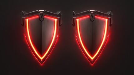 Poster - Futuristic Shield Design Featuring a Sleek, Glossy Finish with Striking Red Neon Accents Against a Dark Background for Modern Concepts and Technology Themes