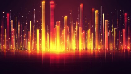 Fototapete - Futuristic cityscape at night with glowing skyscrapers and vibrant lights reflecting on water.