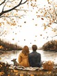 © kvitkova - Couple enjoying a tranquil moment by the lake with their dog under autumn foliage