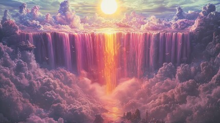 Poster - A cascading waterfall that flows in all colors of the rainbow, surrounded by clouds and floating islands.