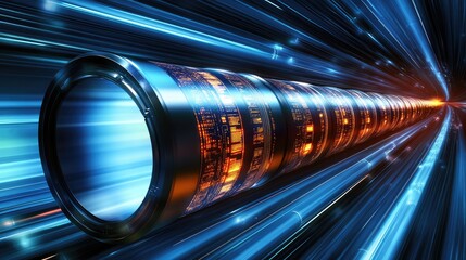 Poster - D illustration of digital data streams flowing through glowing pipelines in a futuristic environment, representing analytics processing