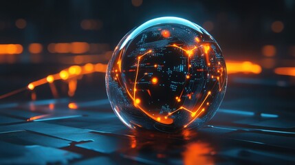 Poster - Abstract D AI sphere glowing with interconnected nodes, set in a digital environment with futuristic light patterns