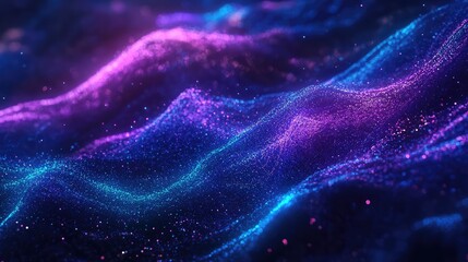 Poster - Abstract AI energy wave glowing in blue and purple hues, flowing smoothly across a dark digital background with particle effects