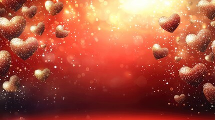 Fototapete - Red Background With Lots Of Small Golden Blurred Bokeh Effect Hearts.