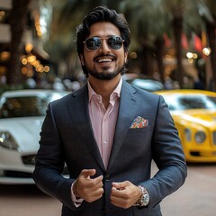 Poster - an Indian businessman guy looking very very happy and has lots of money and is rich and in a polished getup with a villa and luxury car.