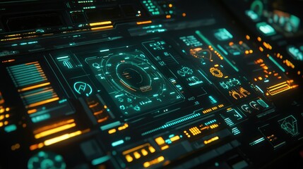 Poster - Abstract digital interface with glowing interconnected gears and automation icons, representing advanced system integration, on a futuristic dark background