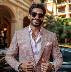 Poster - an Indian businessman guy looking very very happy and has lots of money and is rich and in a polished getup with a villa and luxury car.