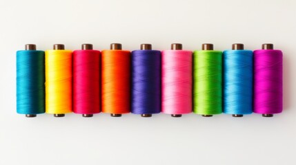Poster - Row of colorful spools of thread. The spools are arranged in a line, with the colors ranging from yellow to purple. The spools are all different sizes