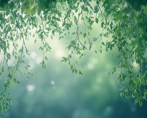 Wall Mural - Lush green leaves hanging over blurred background.