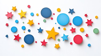 Poster - Colorful collection of stars and circles on a white background. The stars are of various sizes and colors, and the circles are also of different sizes and colors